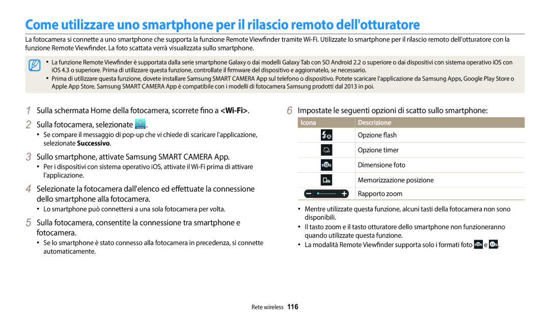 Samsung EC-DV150FBPWE1 manual Impostate le seguenti opzioni di scatto sullo smartphone, Opzione flash, Opzione timer 