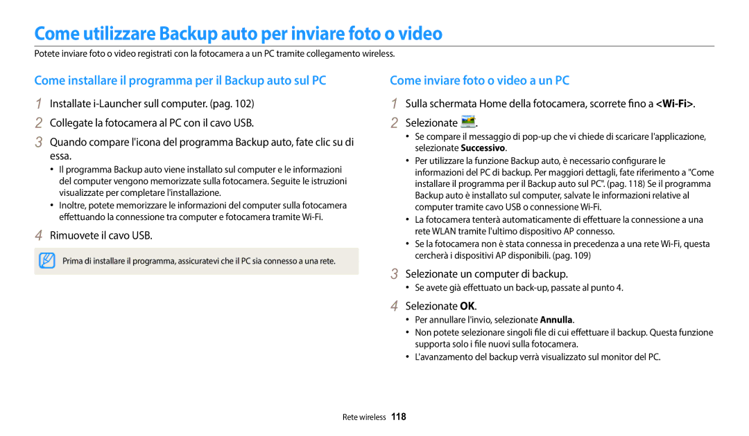 Samsung EC-DV150FBPWE1 manual Come utilizzare Backup auto per inviare foto o video, Come inviare foto o video a un PC 