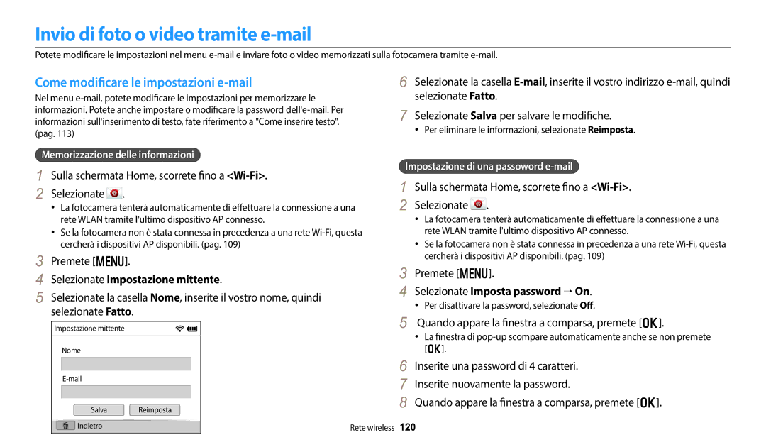 Samsung EC-DV150FBPWE1 manual Invio di foto o video tramite e-mail, Come modificare le impostazioni e-mail 