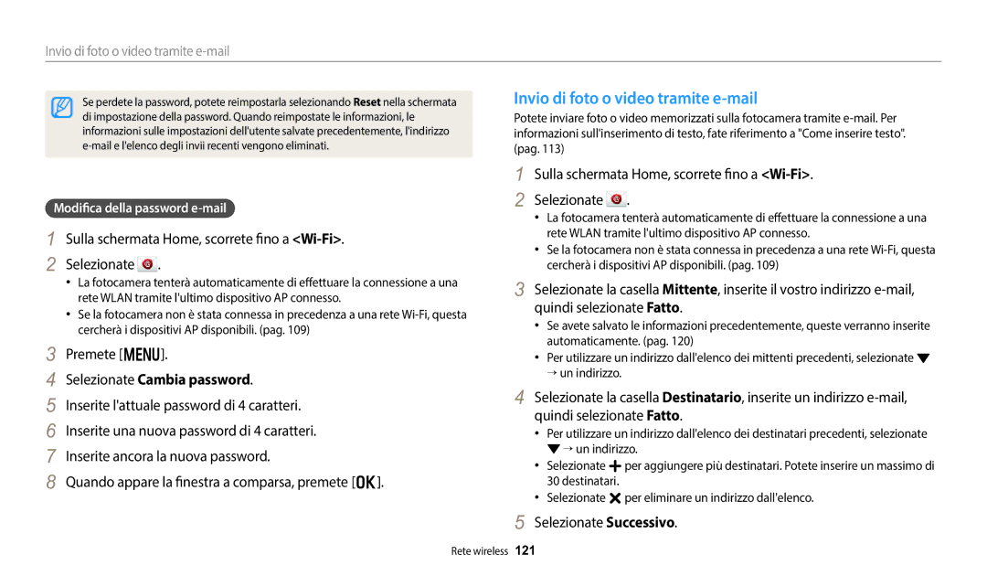 Samsung EC-DV150FBPWE1 manual Invio di foto o video tramite e-mail, Selezionate Cambia password, Selezionate Successivo 