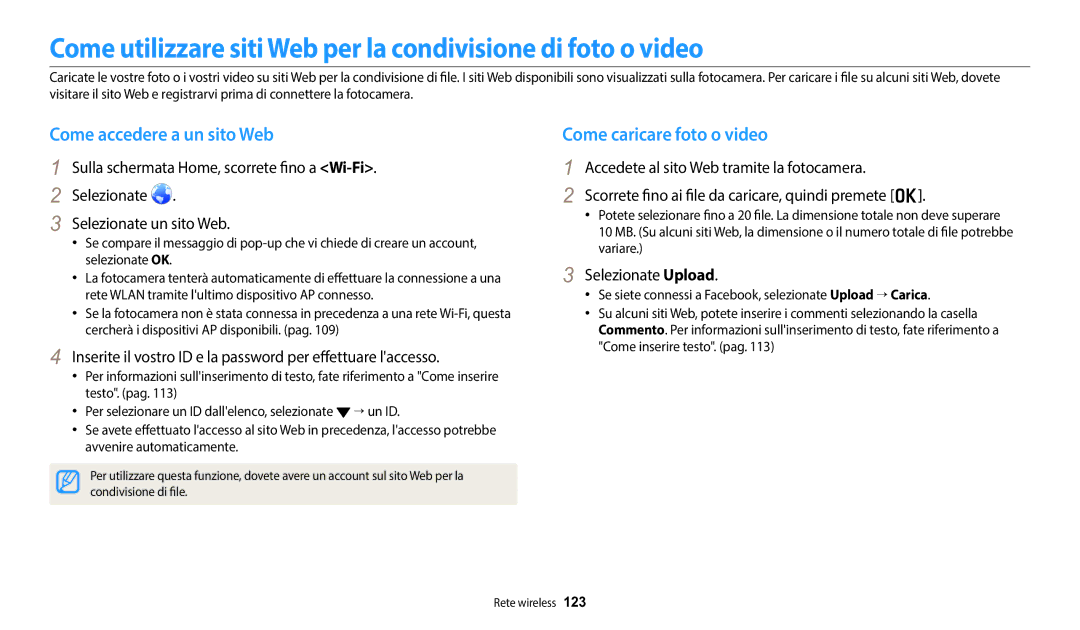 Samsung EC-DV150FBPWE1 manual Come accedere a un sito Web, Come caricare foto o video, Selezionate Upload 