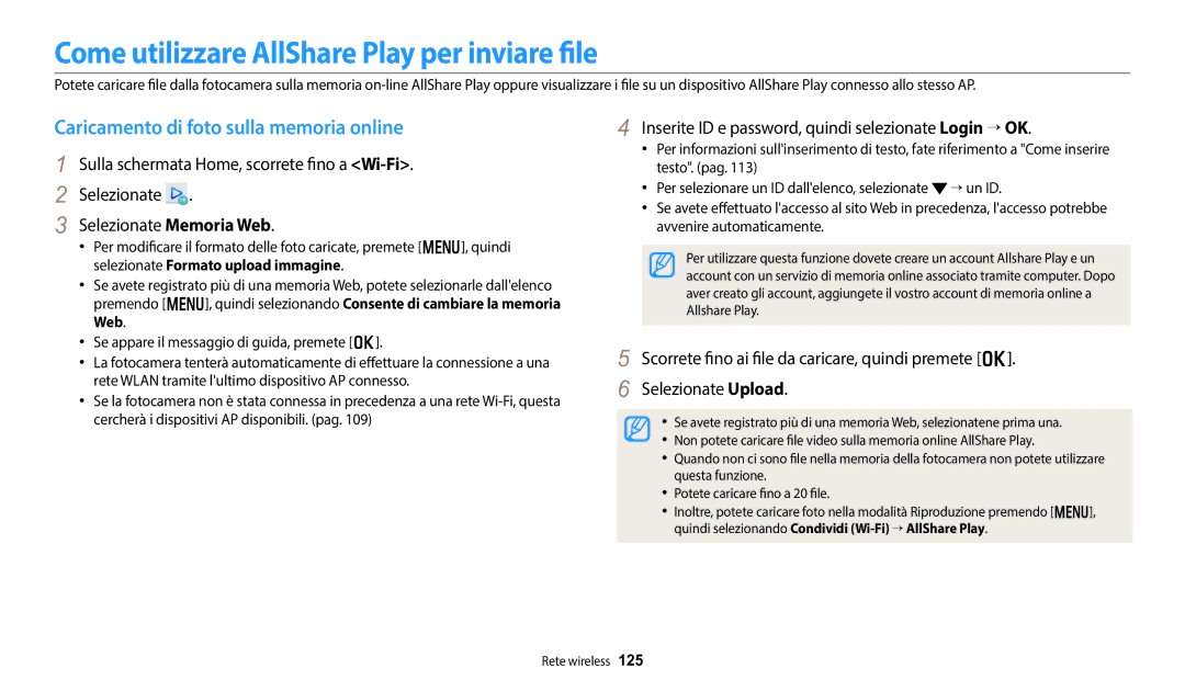 Samsung EC-DV150FBPWE1 manual Come utilizzare AllShare Play per inviare file, Caricamento di foto sulla memoria online 