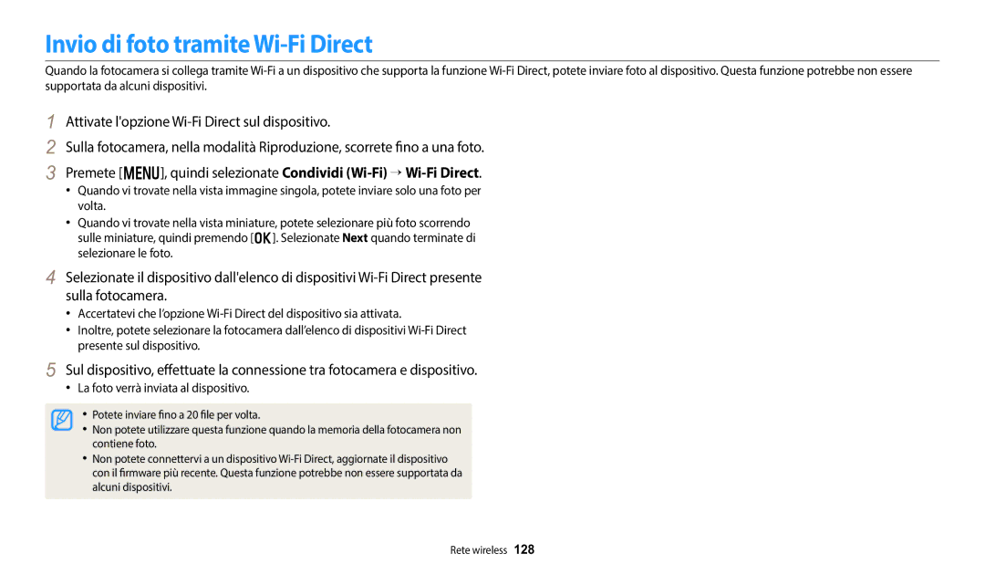 Samsung EC-DV150FBPWE1 manual Invio di foto tramite Wi-Fi Direct, La foto verrà inviata al dispositivo 