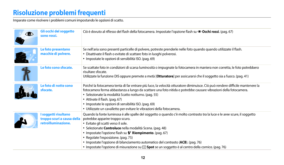 Samsung EC-DV150FBPWE1 manual Risoluzione problemi frequenti, Occhi rossi. pag, Riempimento. pag 