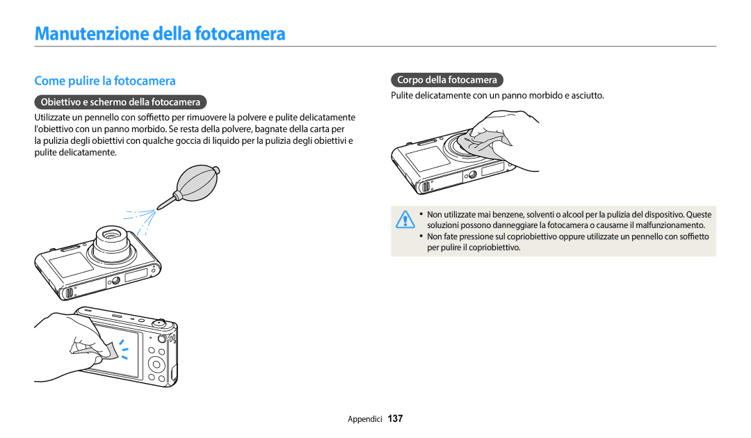 Samsung EC-DV150FBPWE1 Manutenzione della fotocamera, Come pulire la fotocamera, Obiettivo e schermo della fotocamera 