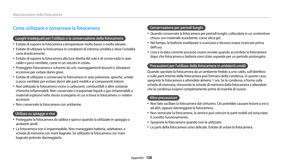 Samsung EC-DV150FBPWE1 manual Come utilizzare o conservare la fotocamera, Utilizzo su spiagge o rive, Altre precauzioni 