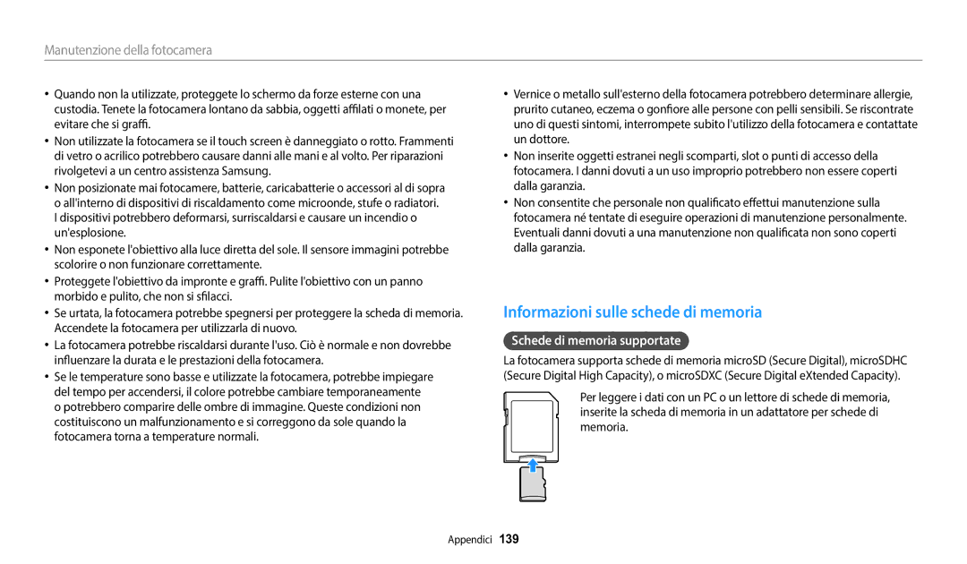 Samsung EC-DV150FBPWE1 manual Informazioni sulle schede di memoria, Schede di memoria supportate 