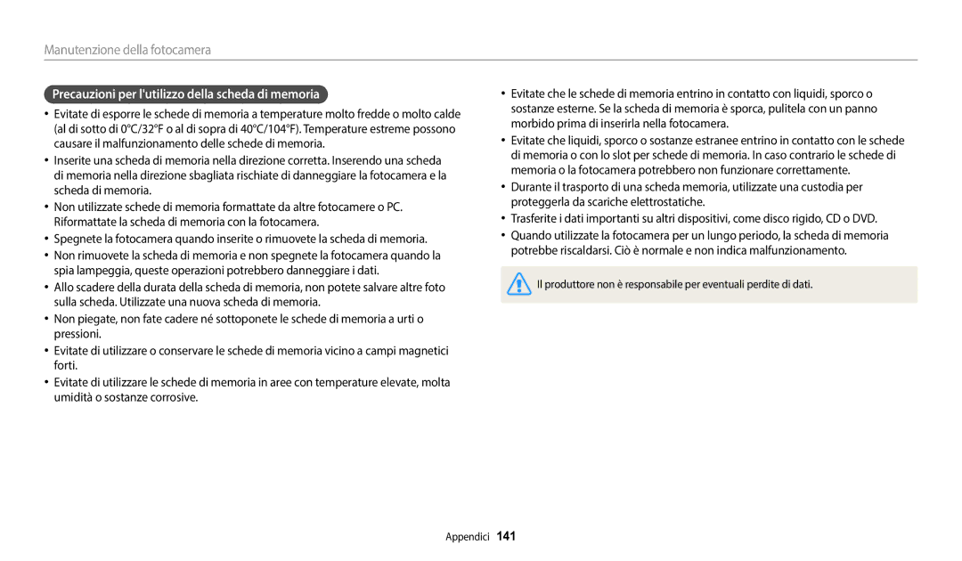 Samsung EC-DV150FBPWE1 manual Precauzioni per lutilizzo della scheda di memoria 