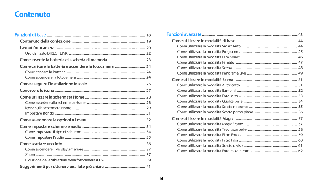 Samsung EC-DV150FBPWE1 manual Contenuto, Come caricare la batteria Come accendere la fotocamera 
