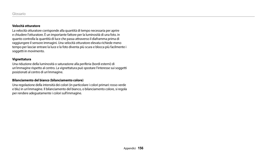 Samsung EC-DV150FBPWE1 manual Velocità otturatore, Bilanciamento del bianco bilanciamento colore 