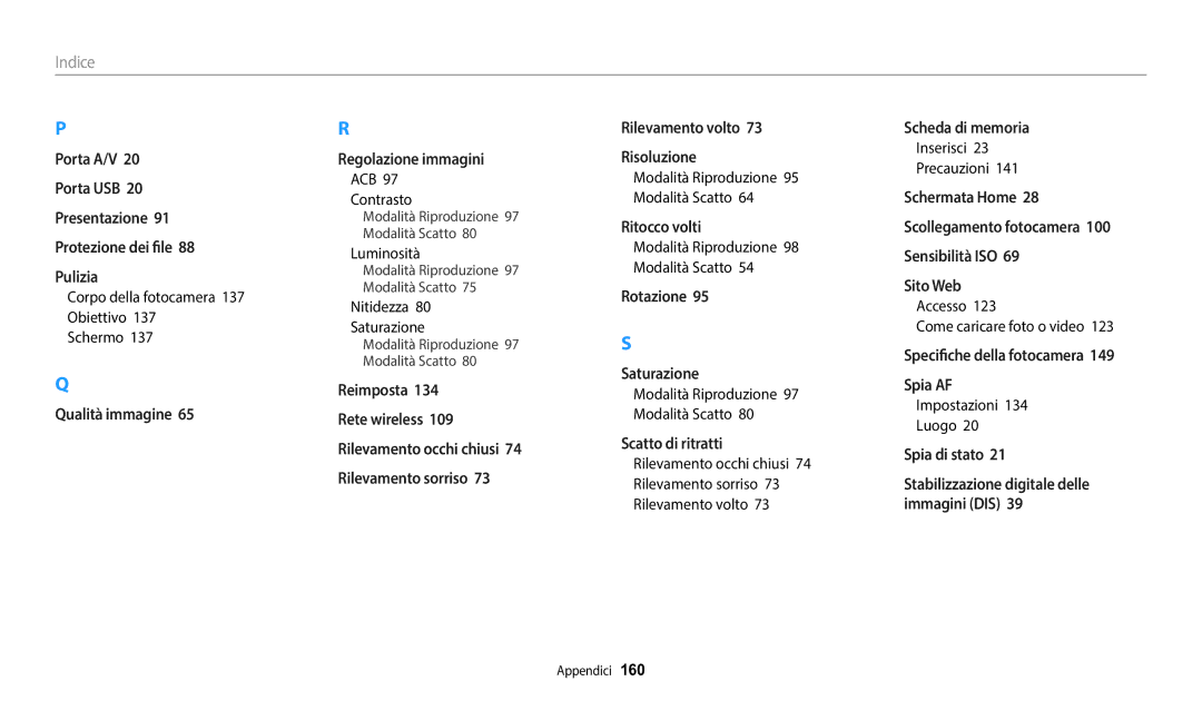Samsung EC-DV150FBPWE1 manual Corpo della fotocamera 137 Obiettivo Schermo, ACB Contrasto, Nitidezza Saturazione 