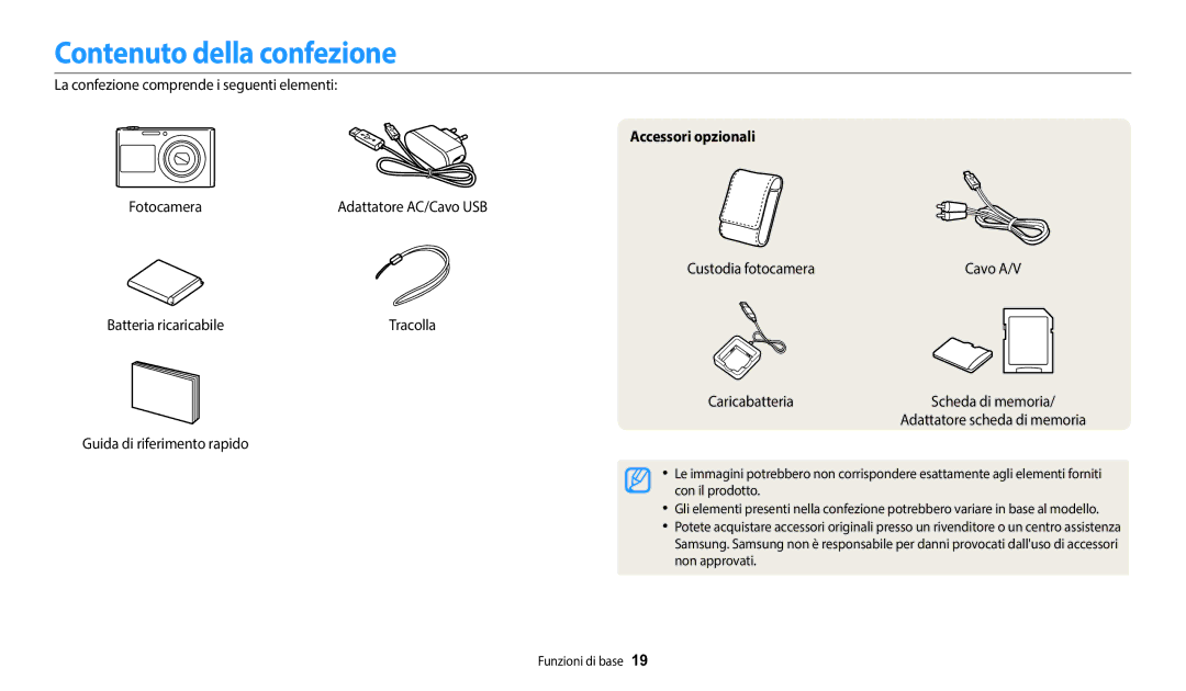 Samsung EC-DV150FBPWE1 manual Contenuto della confezione, Accessori opzionali 