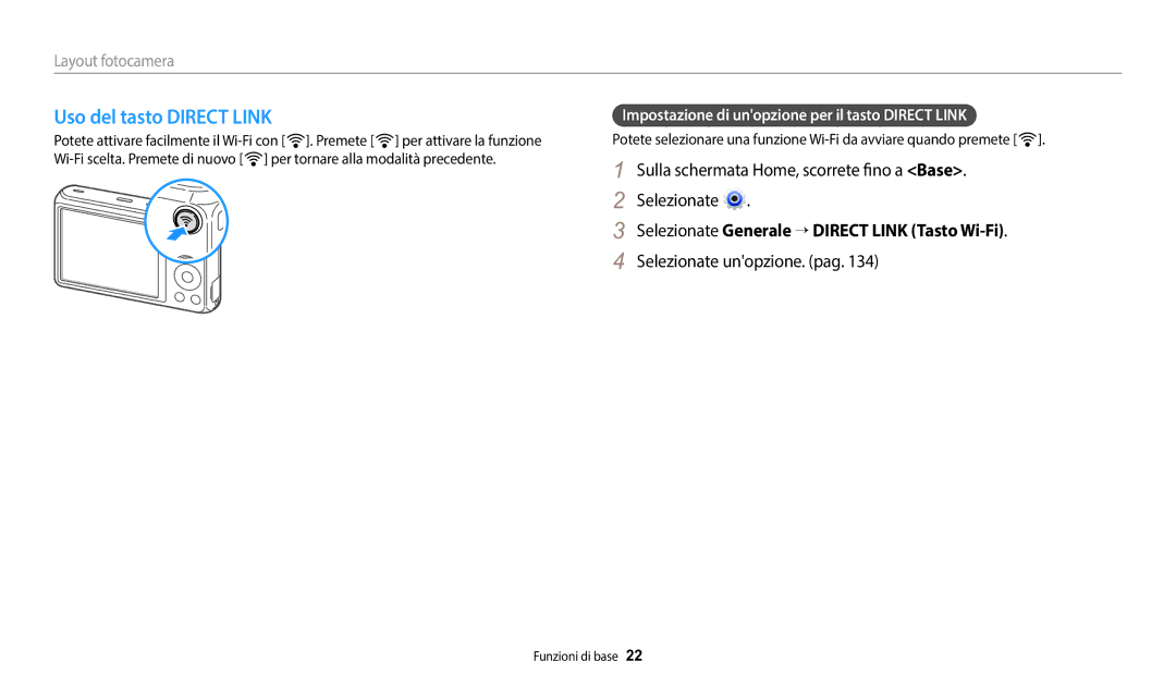 Samsung EC-DV150FBPWE1 manual Uso del tasto Direct Link, Sulla schermata Home, scorrete fino a Base Selezionate 