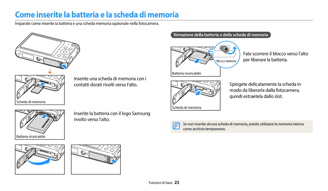 Samsung EC-DV150FBPWE1 manual Come inserite la batteria e la scheda di memoria 