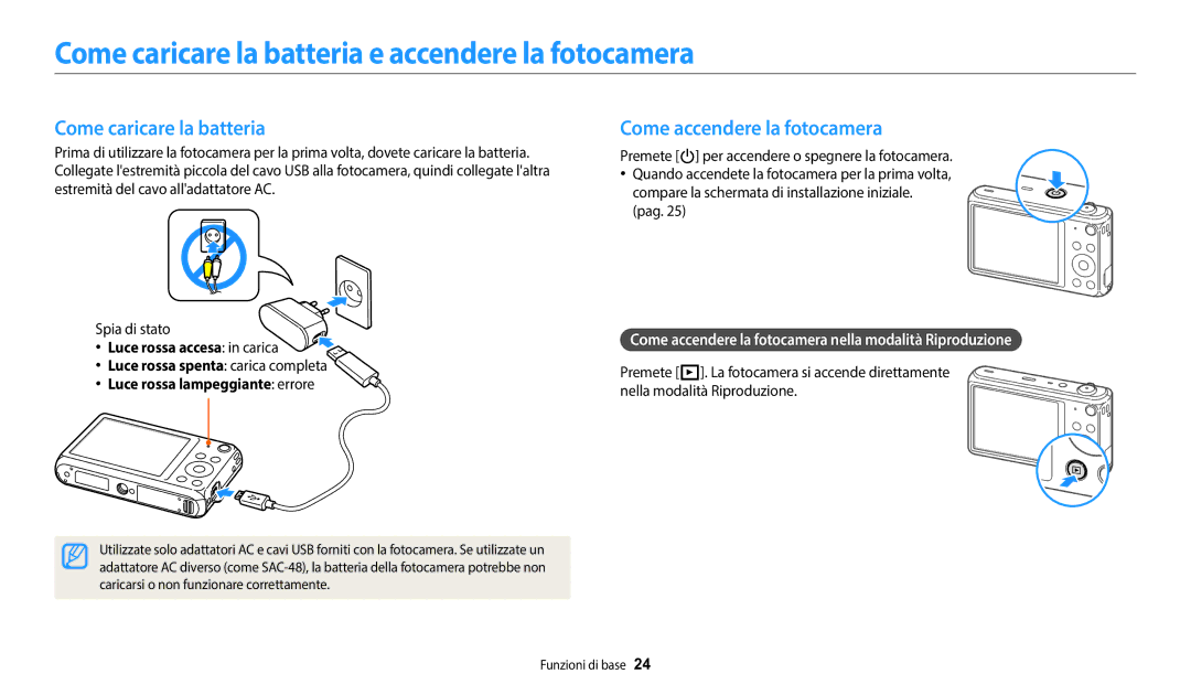 Samsung EC-DV150FBPWE1 manual Come caricare la batteria e accendere la fotocamera, Come accendere la fotocamera 