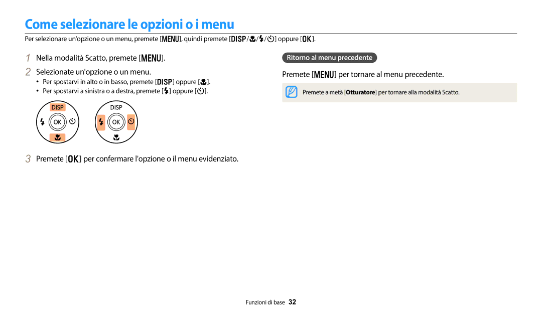 Samsung EC-DV150FBPWE1 manual Come selezionare le opzioni o i menu, Premete m per tornare al menu precedente 