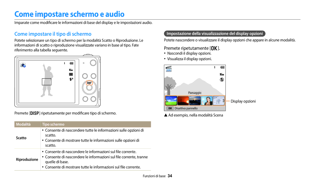 Samsung EC-DV150FBPWE1 manual Come impostare schermo e audio, Come impostare il tipo di schermo, Premete ripetutamente o 