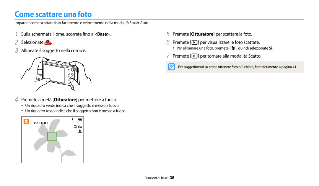 Samsung EC-DV150FBPWE1 manual Come scattare una foto, Premete P per tornare alla modalità Scatto 