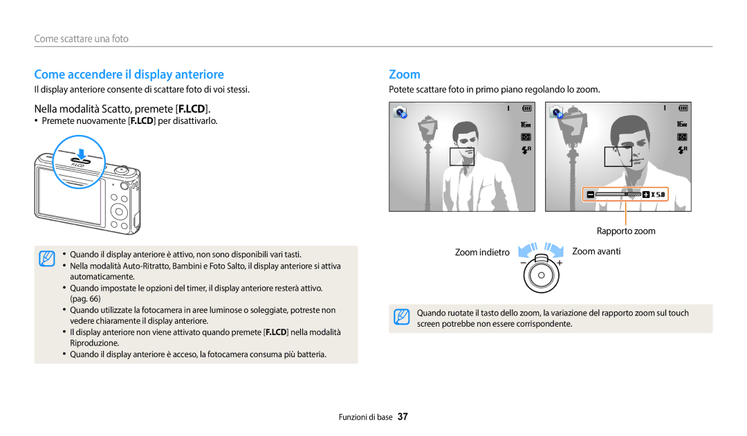 Samsung EC-DV150FBPWE1 manual Come accendere il display anteriore, Zoom, Nella modalità Scatto, premete F.LCD 