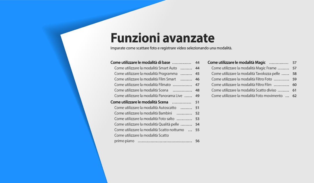 Samsung EC-DV150FBPWE1 manual Funzioni avanzate, Come utilizzare le modalità Scena …………… 