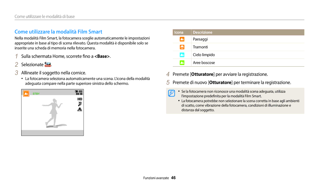 Samsung EC-DV150FBPWE1 manual Come utilizzare la modalità Film Smart 