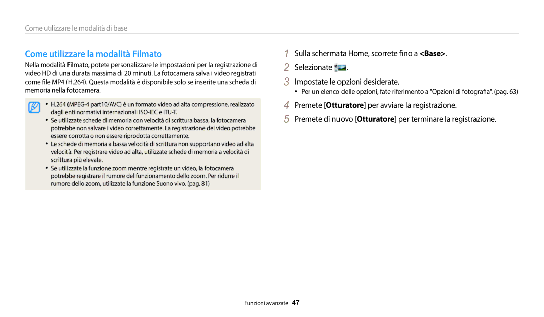 Samsung EC-DV150FBPWE1 manual Come utilizzare la modalità Filmato 