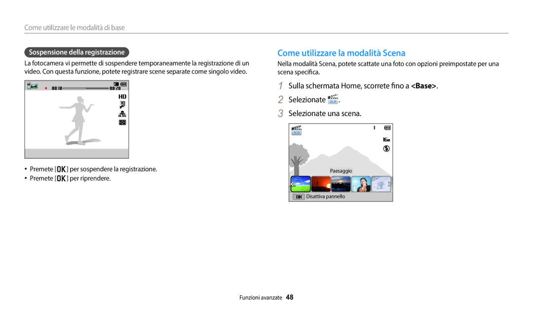 Samsung EC-DV150FBPWE1 manual Come utilizzare la modalità Scena, Sospensione della registrazione 