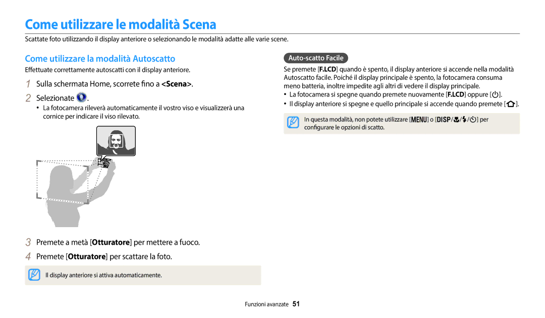 Samsung EC-DV150FBPWE1 manual Come utilizzare le modalità Scena, Come utilizzare la modalità Autoscatto, Auto-scatto Facile 