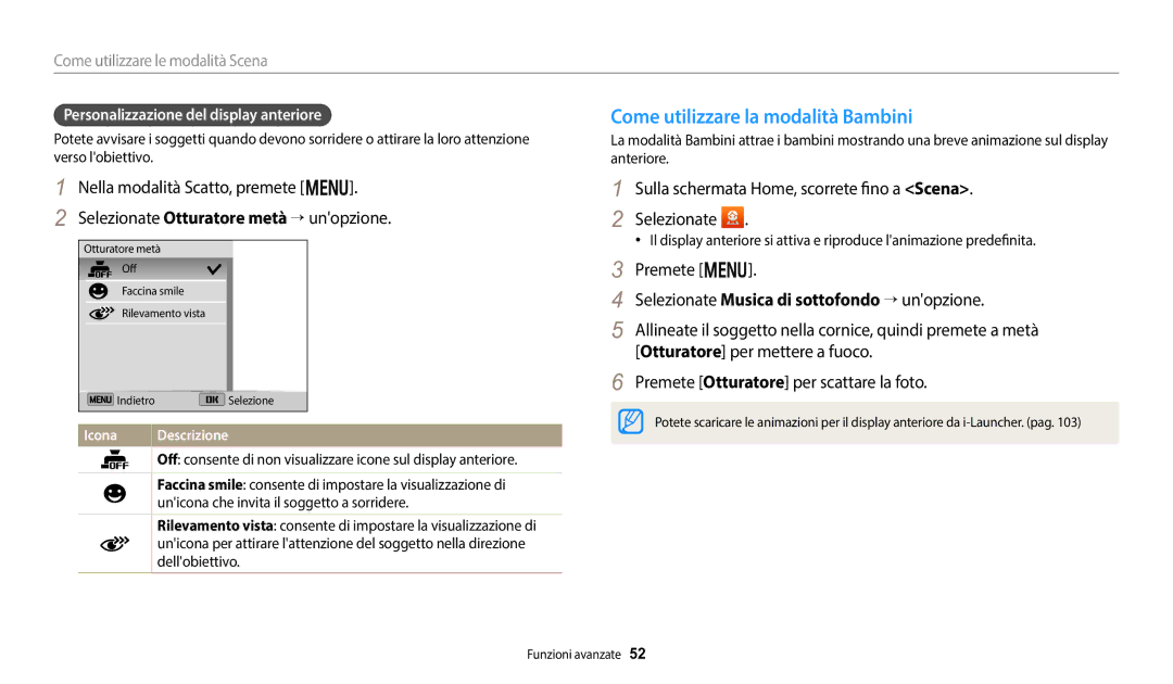 Samsung EC-DV150FBPWE1 manual Come utilizzare la modalità Bambini, Personalizzazione del display anteriore, Dellobiettivo 