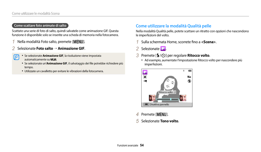 Samsung EC-DV150FBPWE1 manual Come utilizzare la modalità Qualità pelle, Nella modalità Foto salto, premete m 