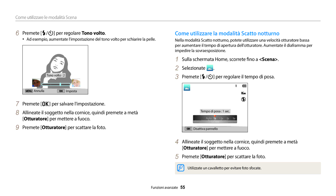 Samsung EC-DV150FBPWE1 manual Come utilizzare la modalità Scatto notturno, Premete F/t per regolare Tono volto 
