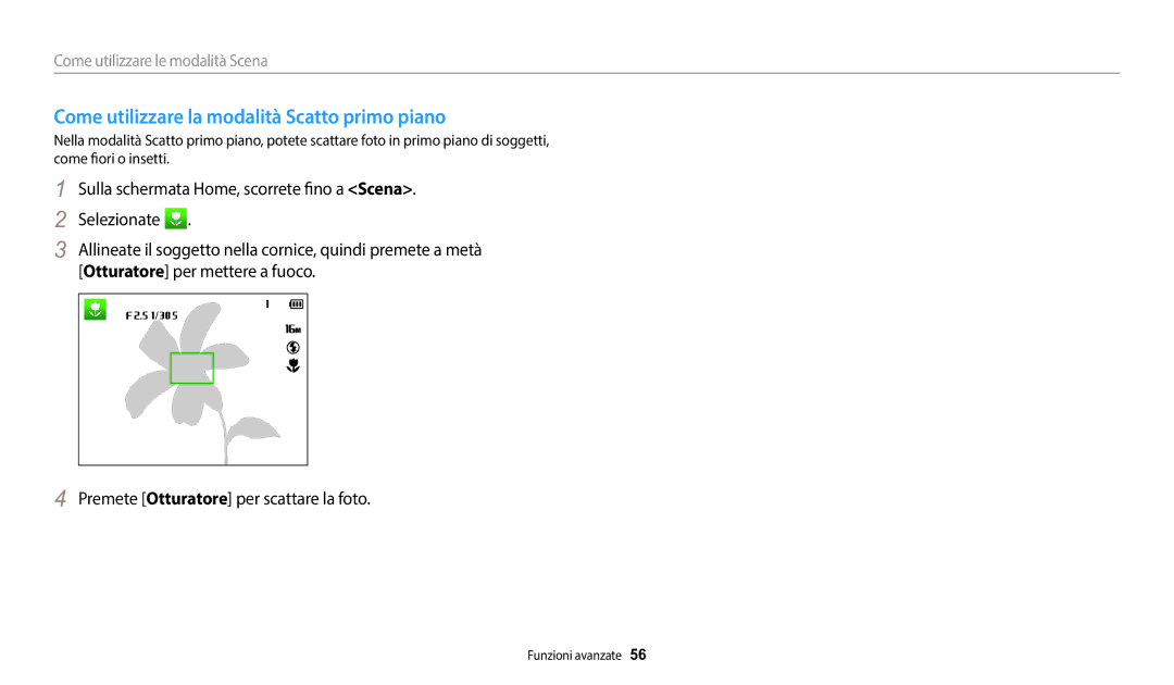 Samsung EC-DV150FBPWE1 manual Come utilizzare la modalità Scatto primo piano 