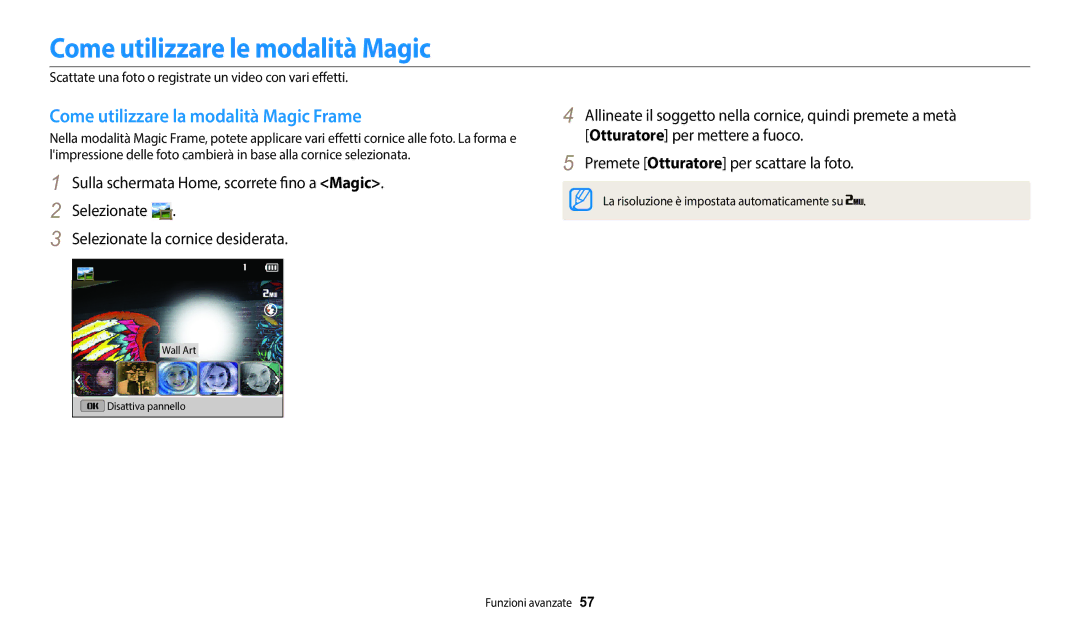 Samsung EC-DV150FBPWE1 manual Come utilizzare le modalità Magic, Come utilizzare la modalità Magic Frame 