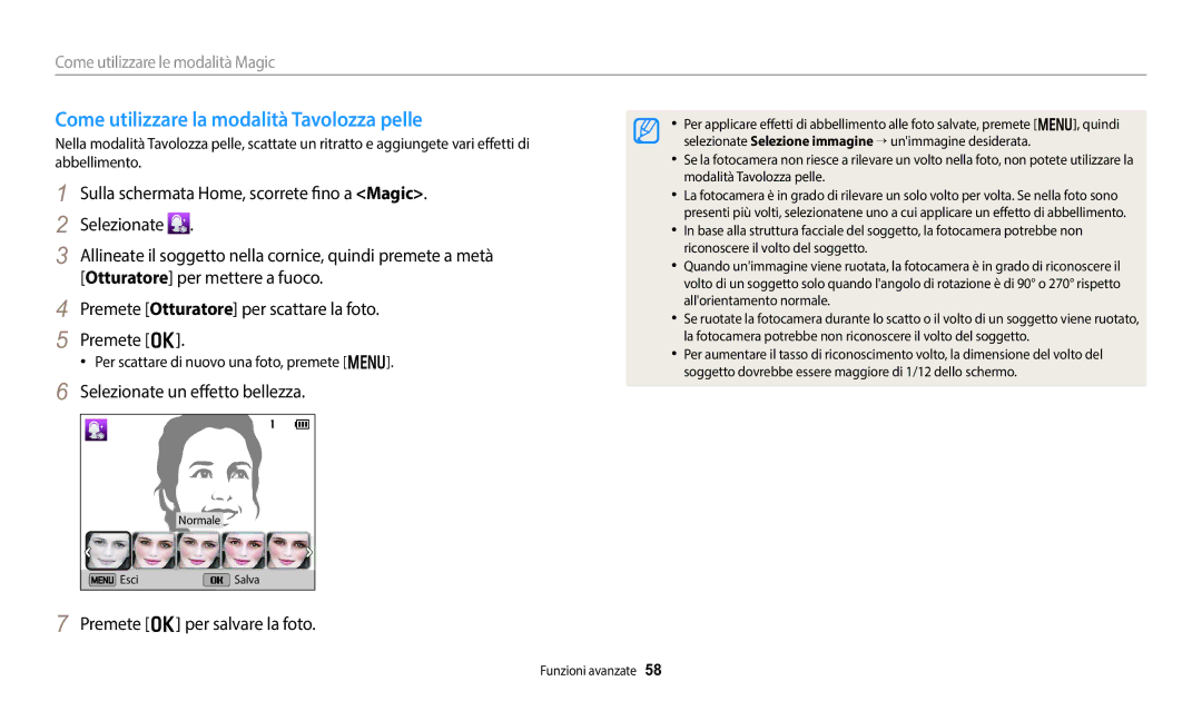 Samsung EC-DV150FBPWE1 manual Come utilizzare la modalità Tavolozza pelle, Selezionate un effetto bellezza 