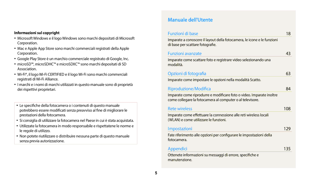 Samsung EC-DV150FBPWE1 manual Manuale dellUtente, 108, 129, 135, Informazioni sul copyright 