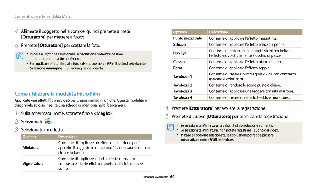 Samsung EC-DV150FBPWE1 manual Come utilizzare la modalità Filtro Film, Tavolozza 