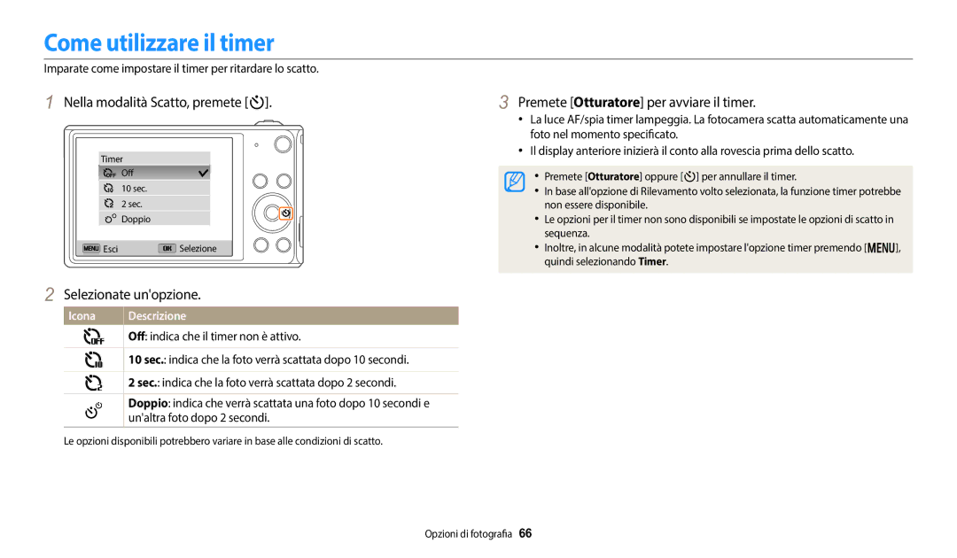 Samsung EC-DV150FBPWE1 Come utilizzare il timer, Nella modalità Scatto, premete t, Premete Otturatore per avviare il timer 