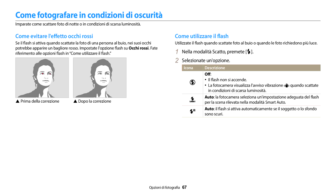 Samsung EC-DV150FBPWE1 manual Come fotografare in condizioni di oscurità, Come evitare leffetto occhi rossi, Icona 