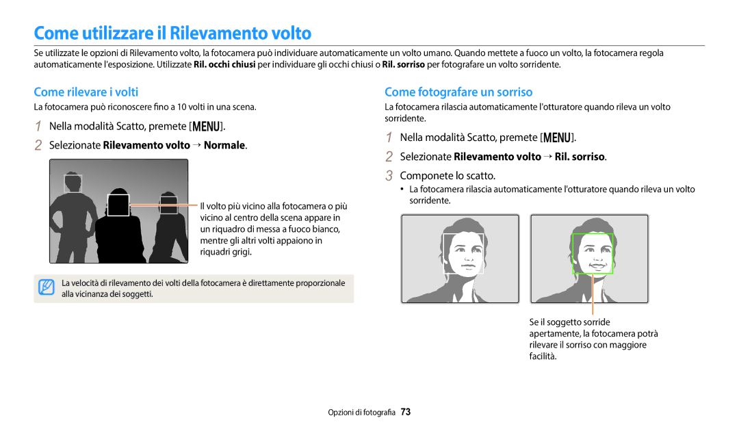 Samsung EC-DV150FBPWE1 manual Come utilizzare il Rilevamento volto, Come rilevare i volti, Come fotografare un sorriso 