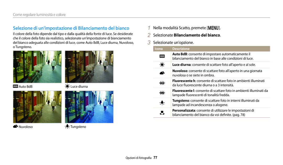 Samsung EC-DV150FBPWE1 manual Selezionate Bilanciamento del bianco 