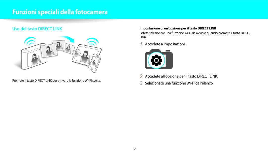 Samsung EC-DV150FBPWE1 manual Funzioni speciali della fotocamera, Impostazione di unopzione per il tasto Direct Link 