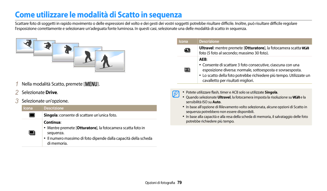 Samsung EC-DV150FBPWE1 Come utilizzare le modalità di Scatto in sequenza, Continua, Foto 5 foto al secondo massimo 30 foto 