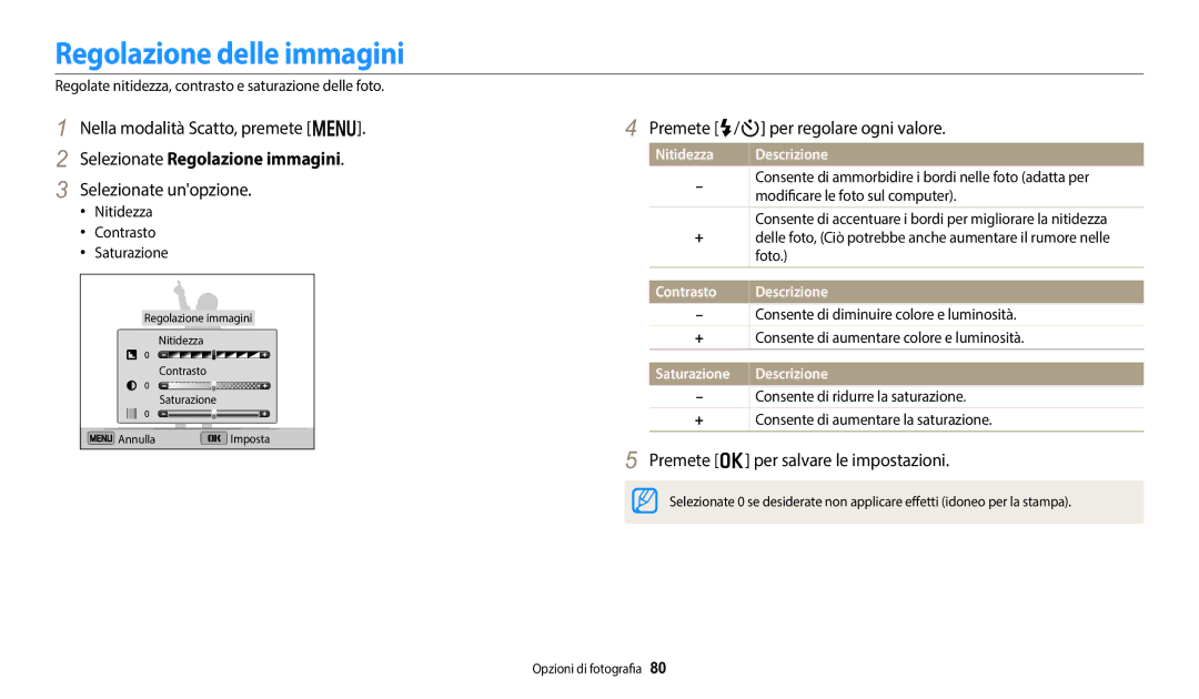 Samsung EC-DV150FBPWE1 Regolazione delle immagini, Selezionate Regolazione immagini, Premete F/t per regolare ogni valore 