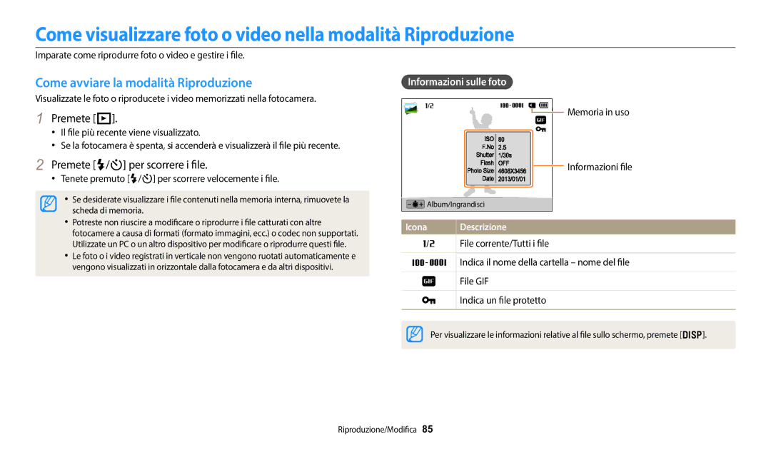 Samsung EC-DV150FBPWE1 Come visualizzare foto o video nella modalità Riproduzione, Come avviare la modalità Riproduzione 