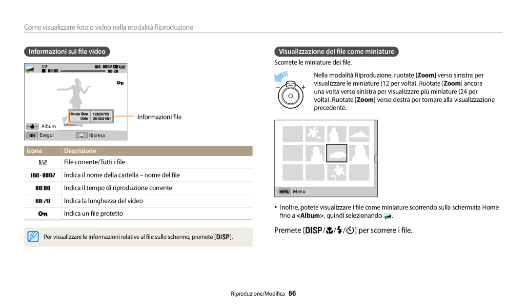 Samsung EC-DV150FBPWE1 manual Premete D/c/F/t per scorrere i file, Informazioni sui file video 