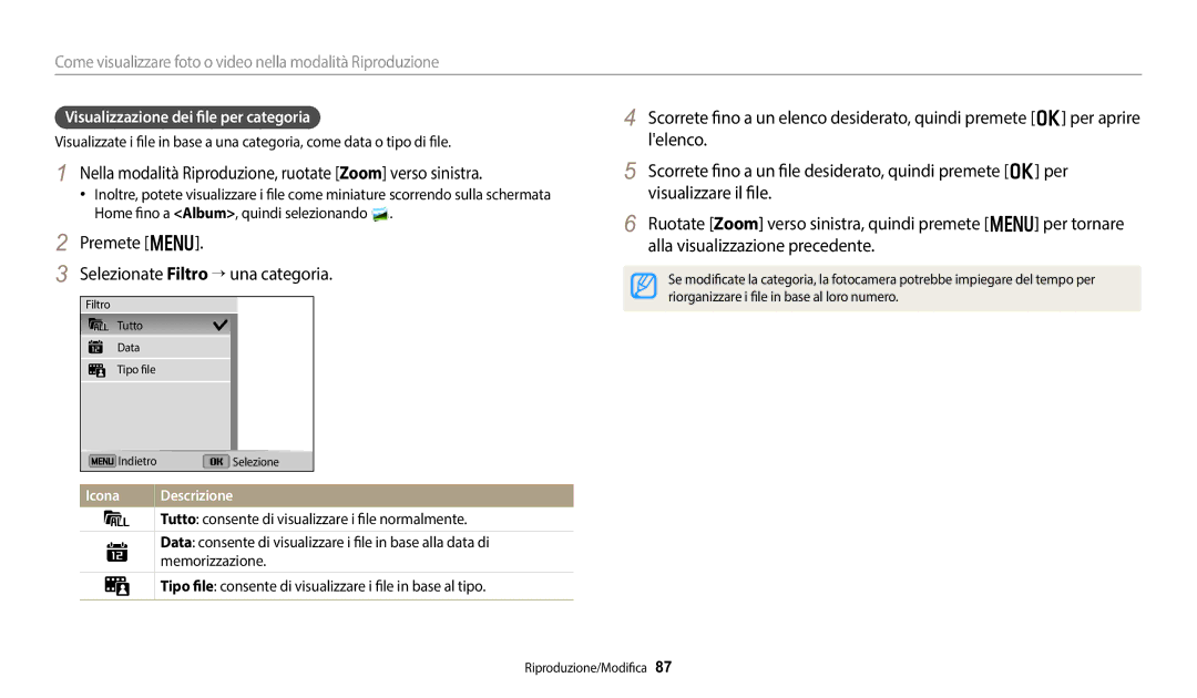 Samsung EC-DV150FBPWE1 Nella modalità Riproduzione, ruotate Zoom verso sinistra, Visualizzazione dei file per categoria 