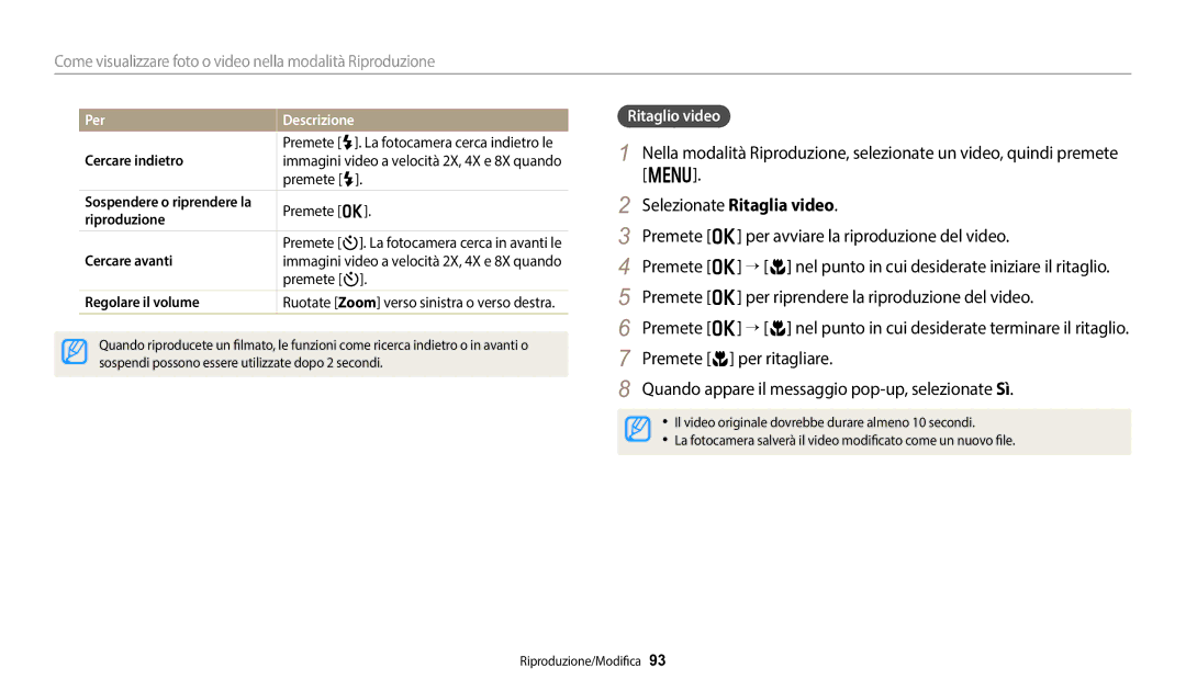 Samsung EC-DV150FBPWE1 manual Selezionate Ritaglia video, Ritaglio video 