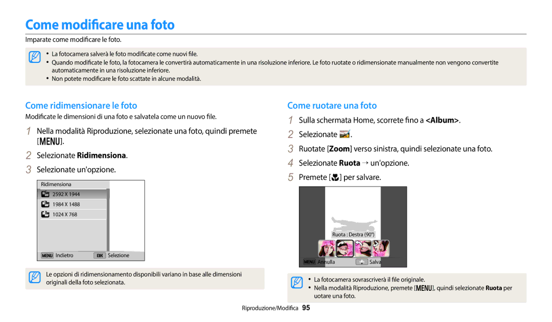 Samsung EC-DV150FBPWE1 manual Come modificare una foto, Come ridimensionare le foto, Imparate come modificare le foto 