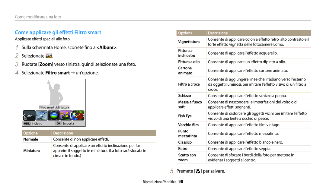 Samsung EC-DV150FBPWE1 manual Come applicare gli effetti Filtro smart 