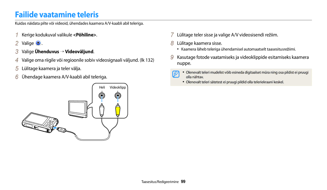 Samsung EC-DV150FBPWE2, EC-DV150FBPBE2 manual Failide vaatamine teleris, Valige Ühenduvus → Videoväljund 